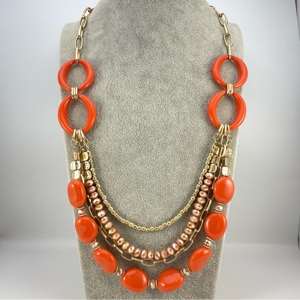 Multi-Strand Statement Necklace with Orange Beads and Gold Chains